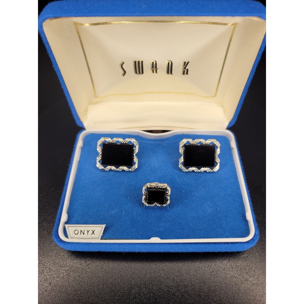 Swank Cufflinks Tie Tack Set Silver Tone Black Onyx Rectangular Textured Boxed